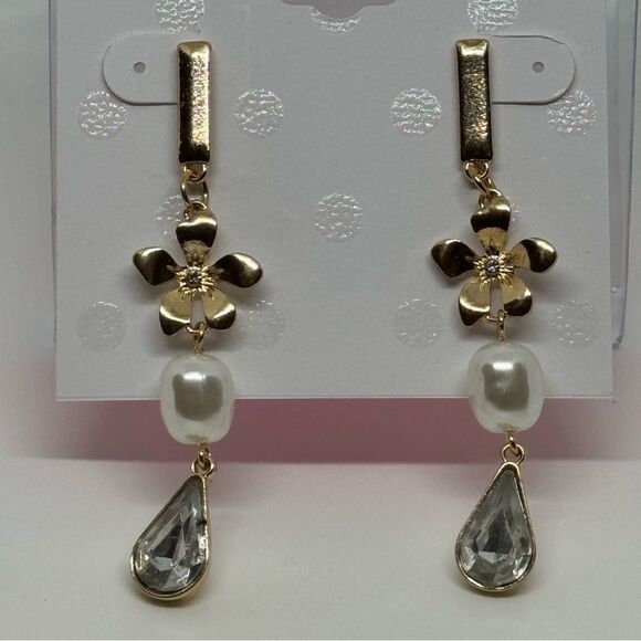 ISAAC MIZRAHI Gold Tone Flower Crystal Dangling Post  Earrings 2.5 inch - Picture 2 of 5